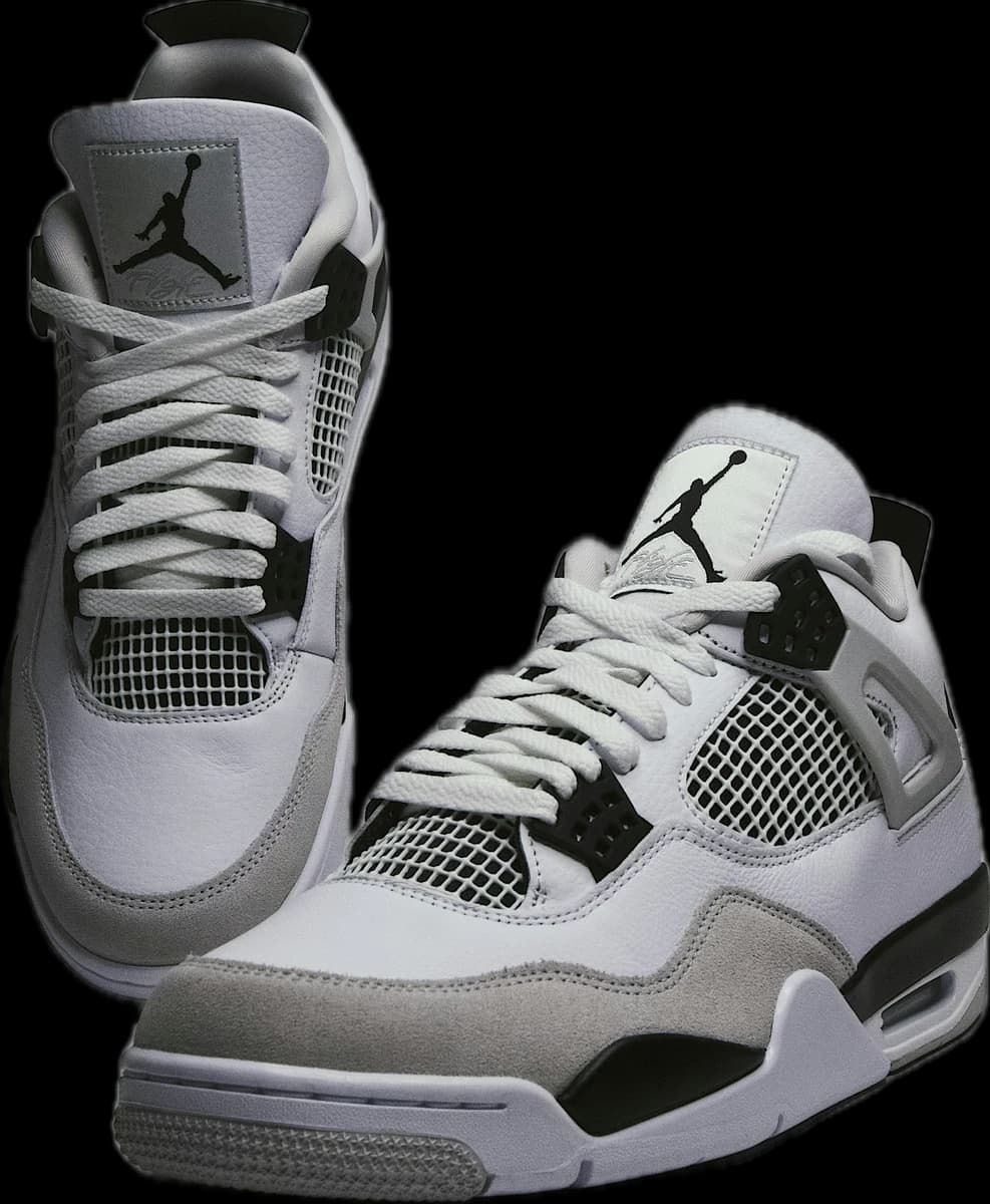 Pair of Air Jordan 4s in white, grey and black